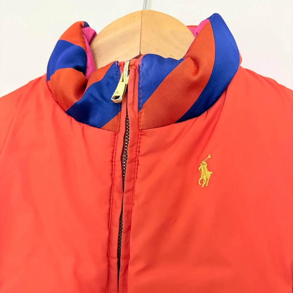 Ralph Lauren Girls Puffer Vest Reversible Size 5 Pink Orange Quilted Pony Logo